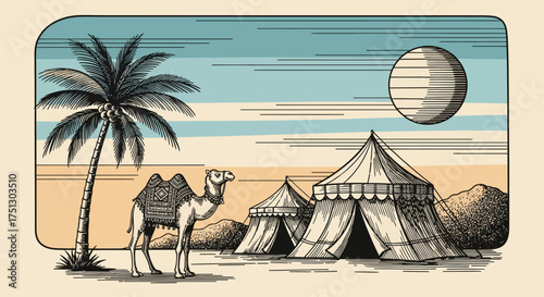 Desert landscape with camel and tents under a full moon  