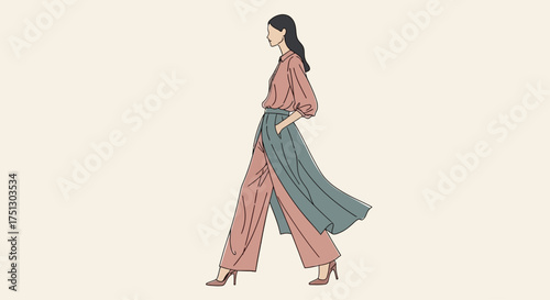Fashionable woman walking in stylish outfit with pastel colors  