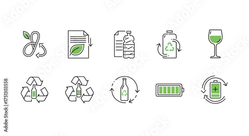 Recycling icons with green elements representing sustainability  