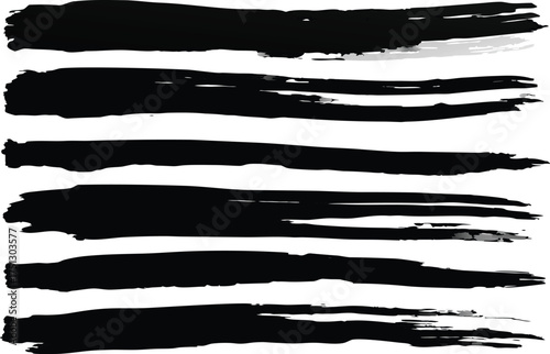 Black grunge ink brush strokes vector set with dirty paper texture and art border