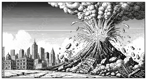 Volcanic eruption destroying city skyline in dramatic black and white  