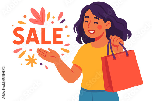Happy woman presenting sale with shopping bag in colorful design create freely