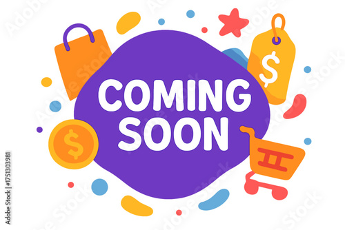 Colorful coming soon announcement design with shopping elements coming soon