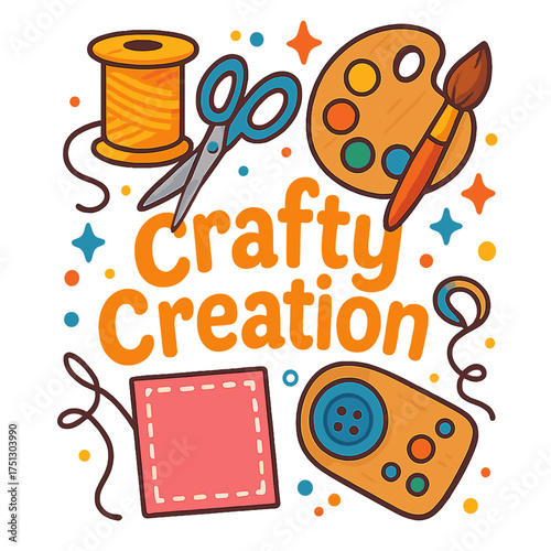 Craft supplies including scissors, thread, paint palette, and fabric crafty creation