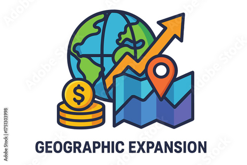 Geographic expansion concept with globe, chart, and coins geographic expansion