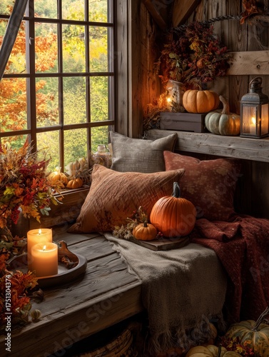 Cozy Autumn Scene With Pumpkins and Lantern on Stacked Books