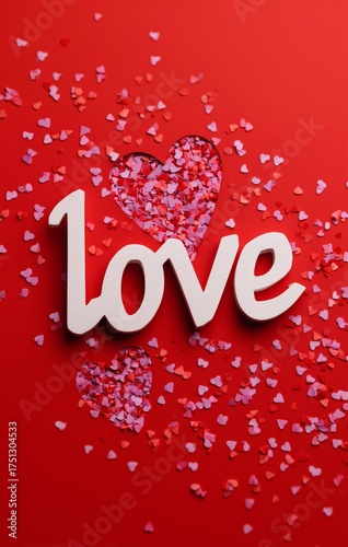 Colorful Heart Shape Made of Tiny Hearts With the Word Love on a Red Backgrou...