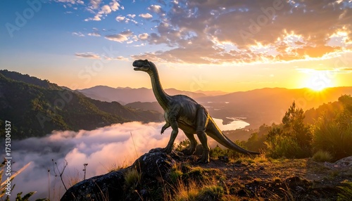 A dinosaur figurine stands atop a cliff, overlooking a valley at sunrise. Mountains and clouds fill the horizon, lit by the golden sun