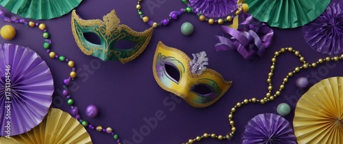 Colorful Carnival Masks and Decorations for a Festive Celebration on a Purple...