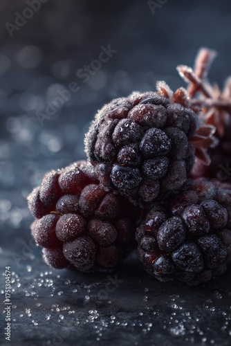 Frozen Blackberries Covered in Frost on a Dark Background With Sugar Crystals...