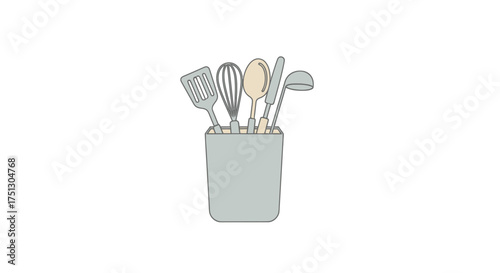 Kitchen Utensils in a Container: Spatula Whisk Ladle and Spoon.