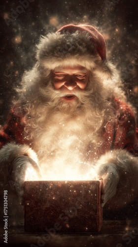 Santa Claus Opening a Magical Gift Box During a Festive Night