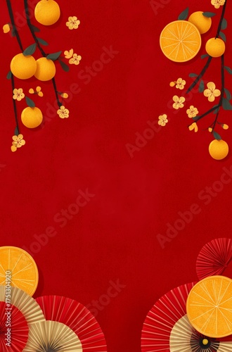 Festive Red Background With Oranges and Blossoms for Celebration and Decor