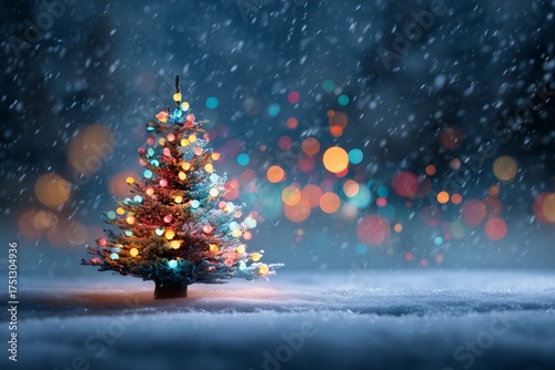 Winter Wonderland With Decorated Christmas Tree Glowing in the Snow at Dusk