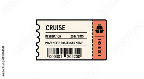 Illustrated Cruise Ship Travel Ticket with Barcode and Passenger Details.