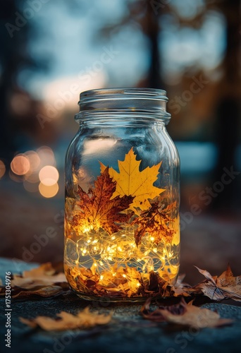 Beautiful Glass Jar Filled With Autumn Leaves and Warm Lights Beside a Tranqu...