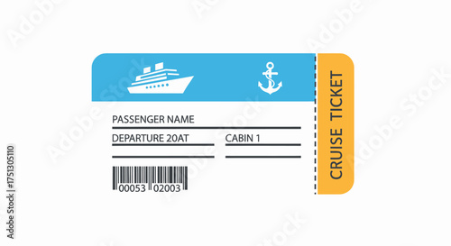 Cruise Ticket with Ship Icon and Anchor Passenger Information Fields.