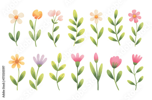 Hand painted blue gaillardia flowers with buds and leaves in soft watercolor style.