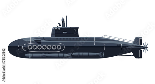 Detailed Side View of a Dark Blue Submarine Illustration.