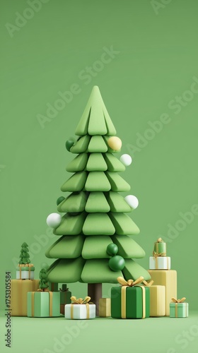 Creative Paper Christmas Tree With Colorful Presents on a Green Background
