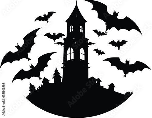 Bats Escaping Old Clock Tower Silhouette
