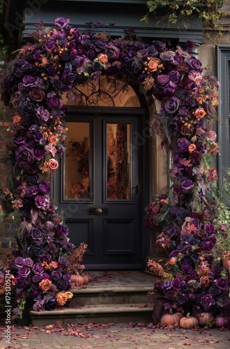 Beautiful Floral Arch Adorns Entrance of a Cozy House During Autumn Season