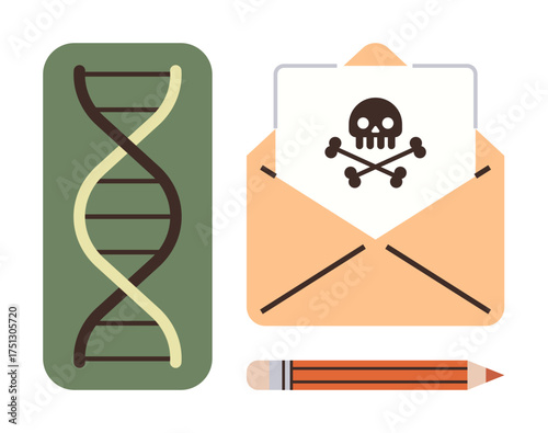 DNA strand next to envelope with skull indicating biohazard risks, alongside a pencil. Ideal for science, genetics, bioethics, danger, laboratory safety, biotechnology and writing themes. Simple