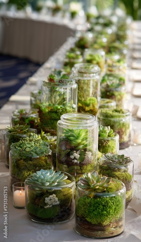 Beautiful Succulent Terrariums Arranged Neatly Along a Table for a Special Ev...