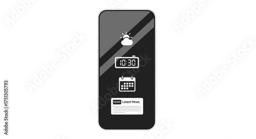 Sleek black smartphone displaying weather clock and calendar icons.
