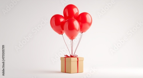 Colorful Red Balloons Float Above a Wrapped Gift Box in a Simple, Festive Setup