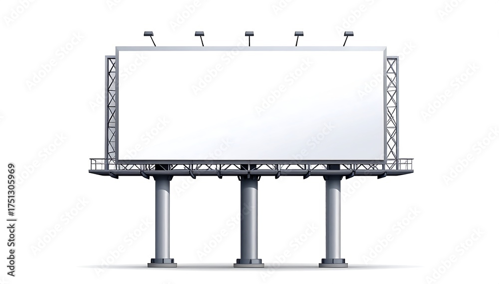 Obraz premium A tall, outdoor advertising structure with a blank rectangular space for content. It has supporting pillars and lights. Isolated on white