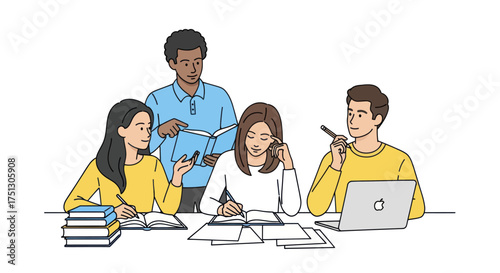 Group of Students Studying Together at a Table with Books and Laptop.