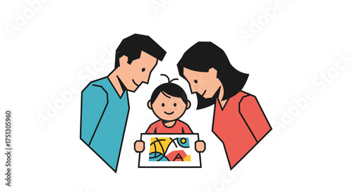 Happy family parents and child admiring colorful drawing illustration.
