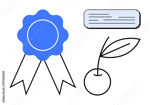Blue ribbon with two tails, outlined cherry with a single leaf, and a rectangular text box. Ideal for achievement, reward, certification, simplicity, minimalism excellence awards. Simple flat
