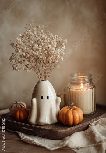 Cute Ghost Vase With Dried Flowers and Mini Pumpkins on a Cozy Table Setting ...