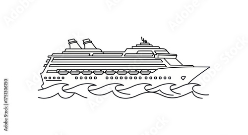 Cruise Ship on Waves: Black and White Line Art Illustration.