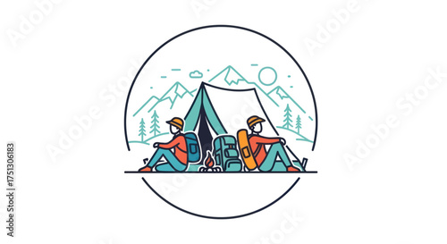 Minimalist Camping Adventure Illustration with Two Hikers and Tent.