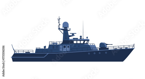 Modern Navy Warship Silhouette with Radar and Gun Turret.