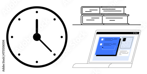 Clock highlighting time, stacked books representing knowledge, and laptop illustrating a digital workspace. Ideal for productivity, study, time management, education, workflow, multitasking remote
