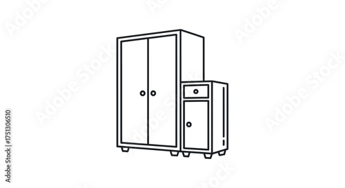 Simple Line Drawing of a Two-Door Wardrobe and Matching Cabinet.