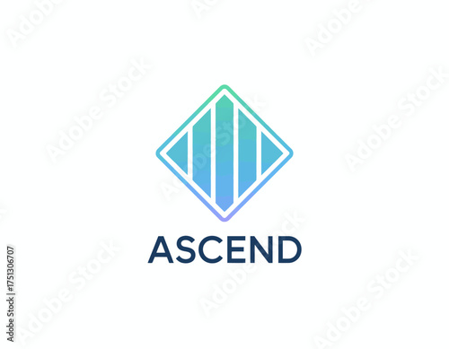 A sleek and vibrant logo design featuring a geometric diamond shape with gradient blue tones, reflecting modernity, technology, and ascendance in a dynamic manner.
