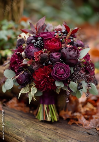 Beautiful Floral Bouquet Featuring Deep Purple and Red Flowers in a Forest Se...