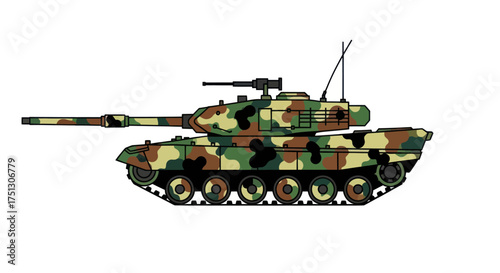 Camouflaged Main Battle Tank with Turret and Cannon.
