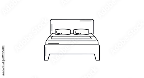Minimalist Line Art Icon of a Double Bed with Headboard and Pillows.