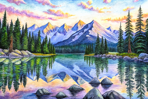 lake landscape, snow-capped mountains, calm water reflection, evergreen forest, winter dawn, pastel colors, serene nature, wall art, peaceful illustration