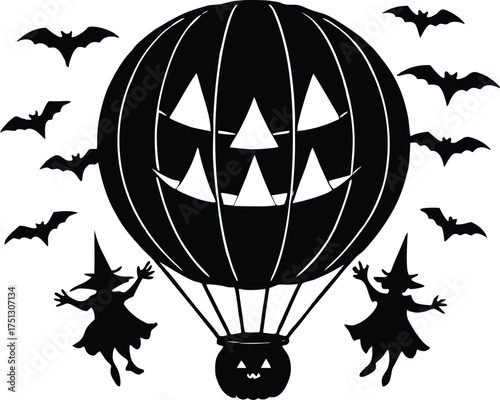 Pumpkin Hot Air Balloon With Witch Passengers Silhouette