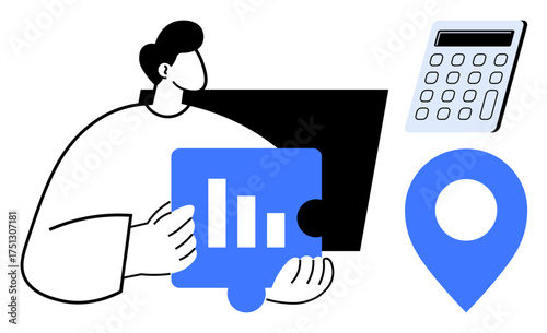 Businessperson holding data puzzle, with a location marker and calculator nearby. Ideal for business, analytics, strategy, finance, decision-making, problem-solving and planning. A simple flat