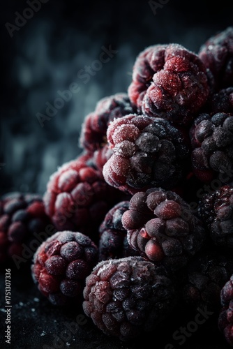 Frozen Blackberries Covered in Frost on a Dark Background With Sugar Crystals...