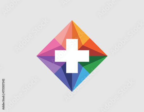 A vibrant geometric logo design featuring a colorful diamond shape intersecting with a white plus sign, symbolizing positivity and creativity in an abstract manner.