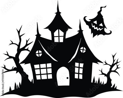 Scary Pumpkin House With Crooked Roof Silhouette
